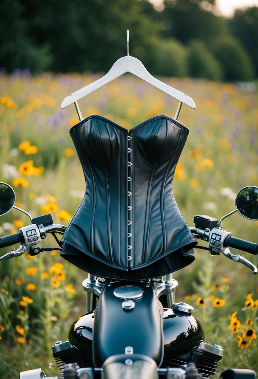 A vintage leather corset gown hangs on a motorcycle handlebar, surrounded by wildflowers and biker accessories