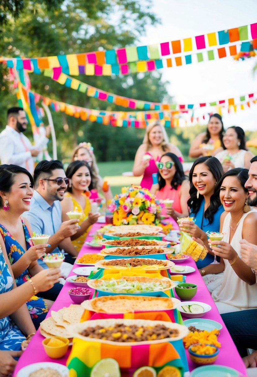 A colorful fiesta-themed wedding shower with a vibrant taco bar, festive decorations, and cheerful guests enjoying the summer celebration