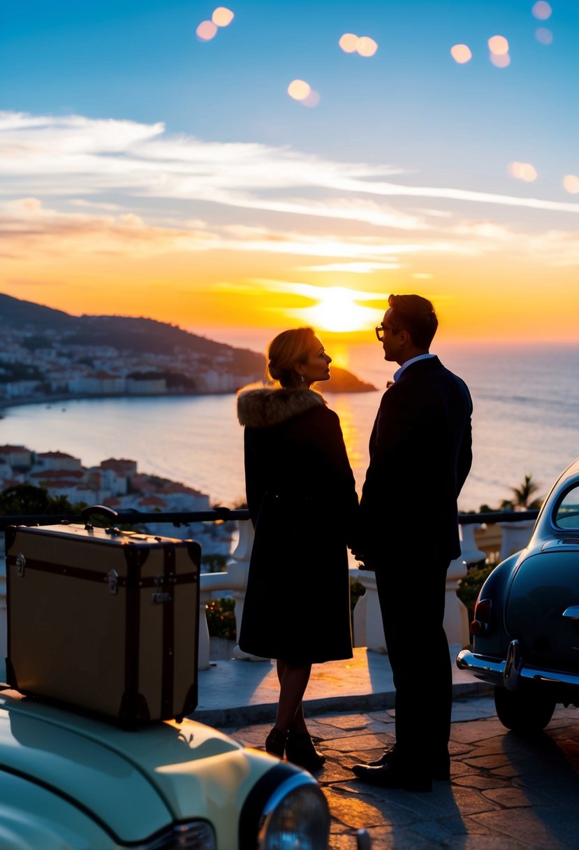 A couple's silhouette admiring a sunset over a picturesque coastal town, with old-fashioned luggage and a vintage car in the foreground