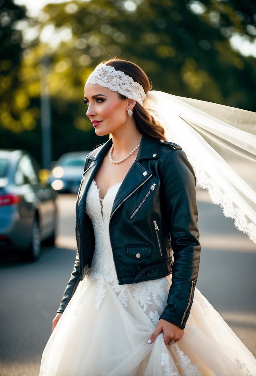 A biker wedding dress with an ivory lace doo-rag and veil flowing in the wind