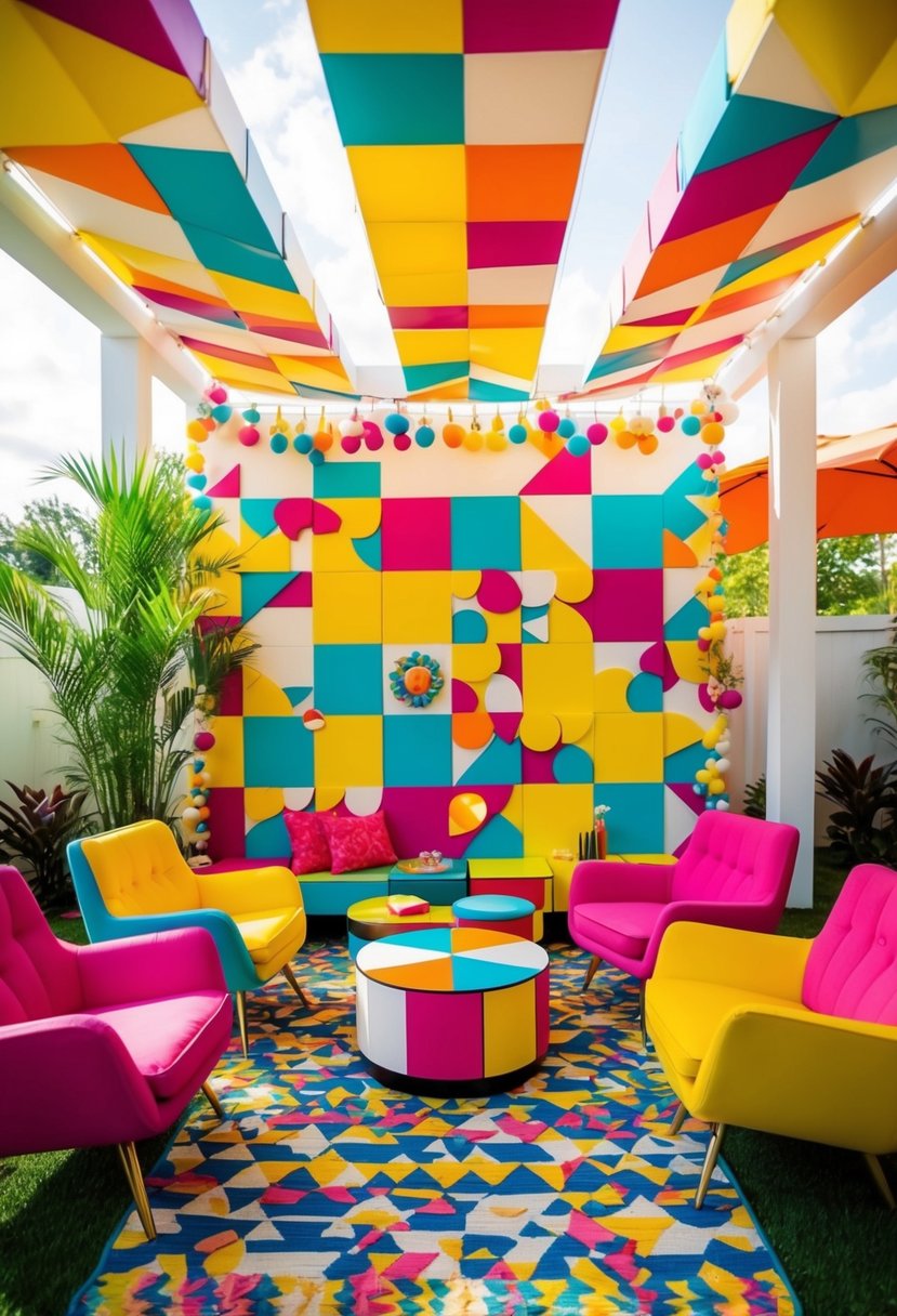 A vibrant, funky modern decor summer wedding shower with bold geometric patterns, bright colors, and sleek furniture