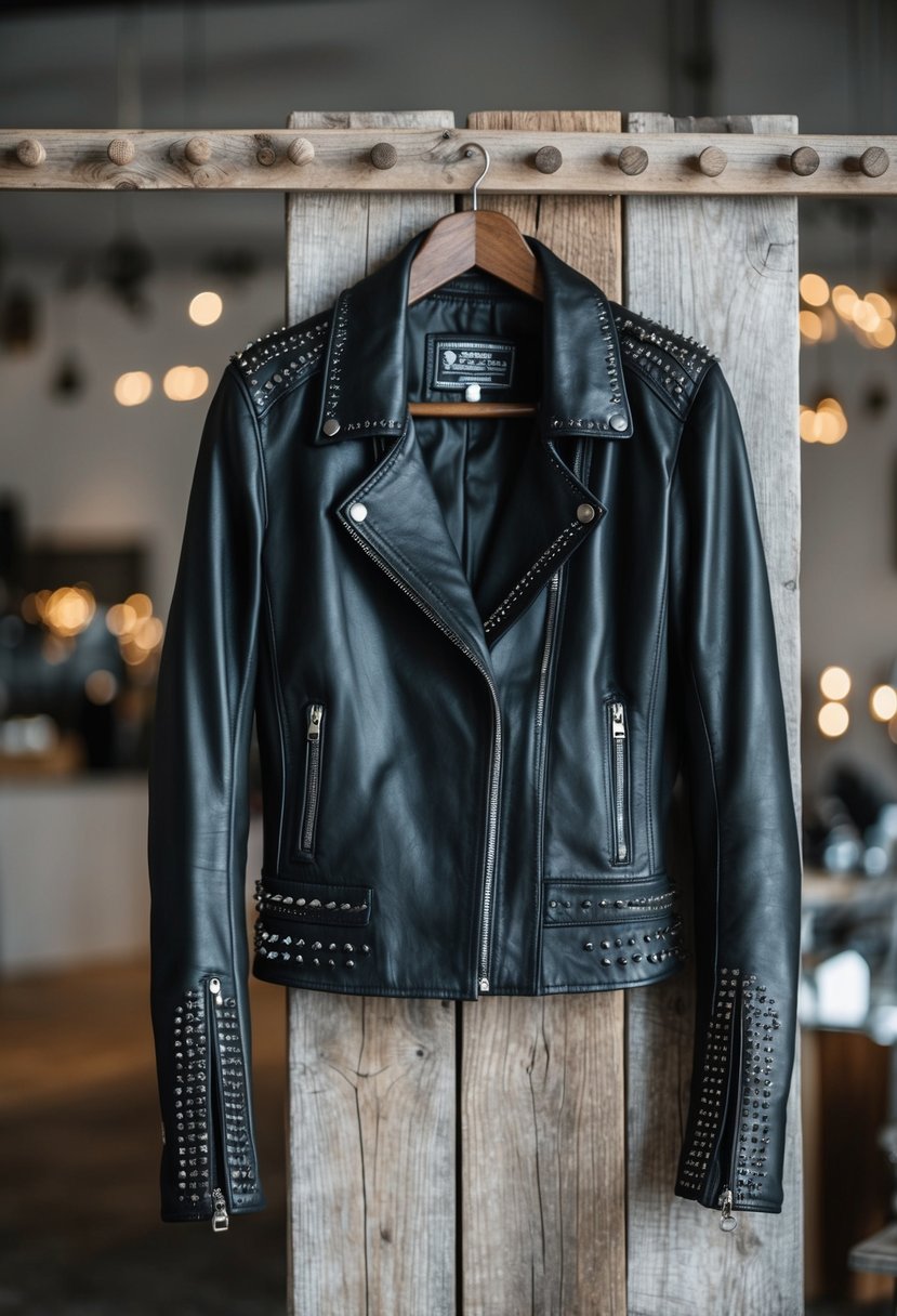 A sleek black leather motorcycle jacket hangs on a rustic wooden coat rack, adorned with delicate black lace trim and silver studs