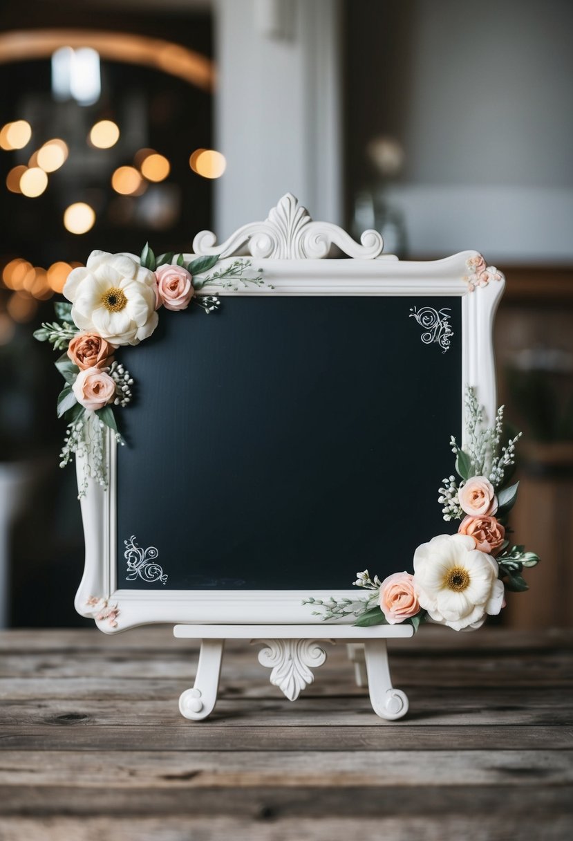 A chalkboard with rustic floral designs and elegant accents