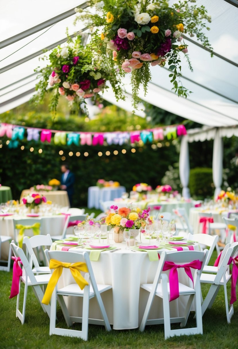 A garden party with colorful bows and blooming flowers, tables set with elegant decor and a canopy overhead, creating a festive atmosphere for a summer wedding shower