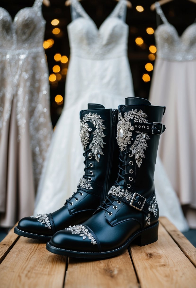 A pair of custom leather biker boots adorned with intricate bridal details, set against a backdrop of edgy wedding dress designs