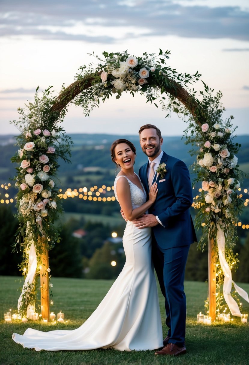 A joyful couple standing in front of a wedding arch adorned with flowers, surrounded by twinkling lights and a picturesque landscape in the background