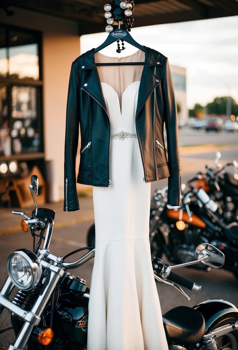 A long sleeve leather wedding dress hangs on a motorcycle handlebar, surrounded by biker-themed decor and accessories