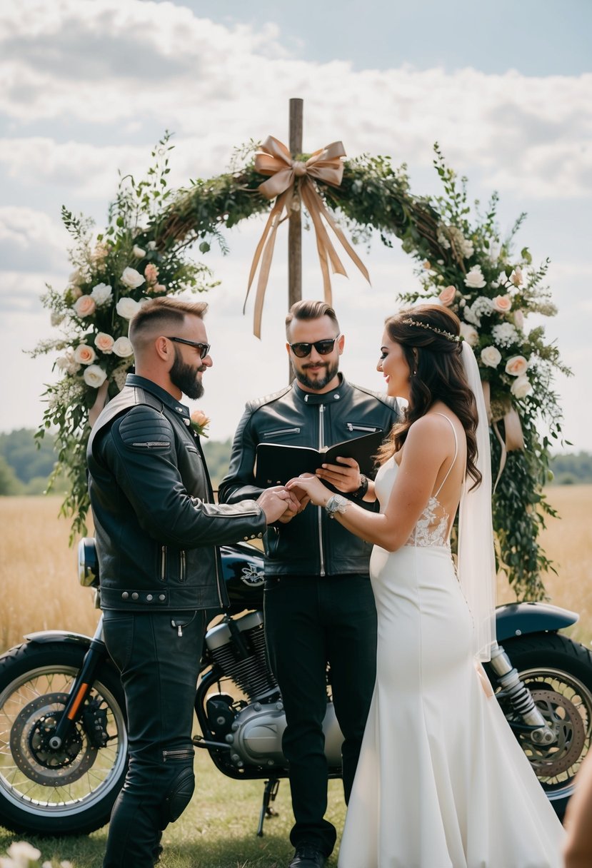 A leather-clad biker couple exchanging vows in front of a motorcycle altar adorned with flowers and ribbons