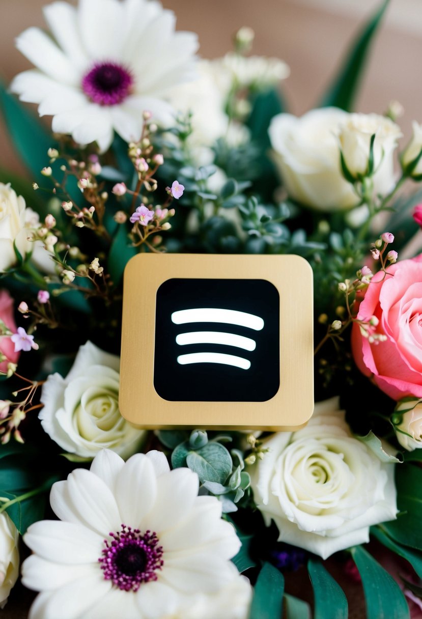 A Spotify code surrounded by wedding decor and flowers