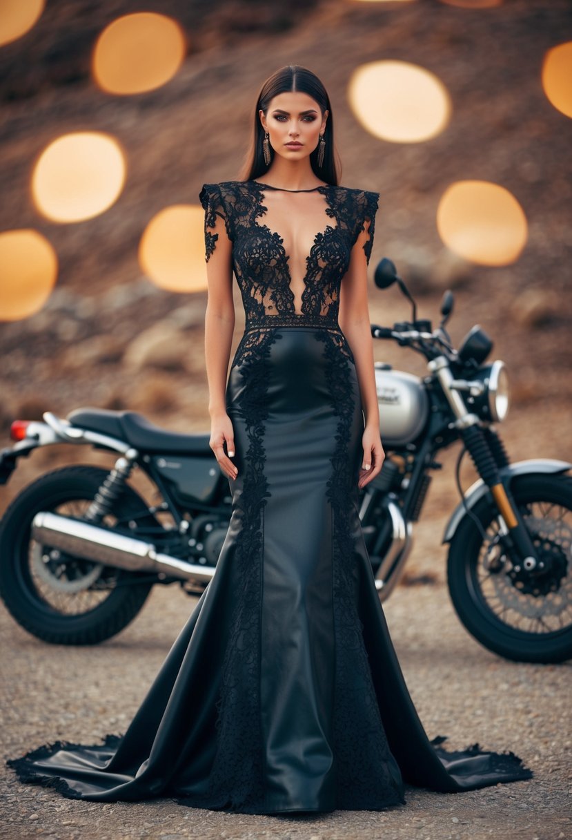 A sleek leather gown with intricate lace details, set against a rugged motorcycle backdrop