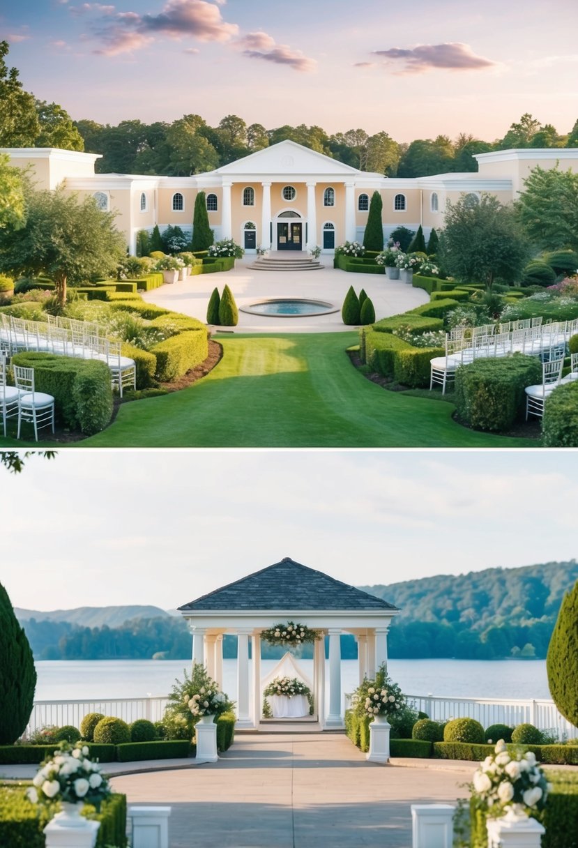 A watercolor painting of a picturesque wedding venue with lush gardens, a grand entrance, and a serene lake in the background