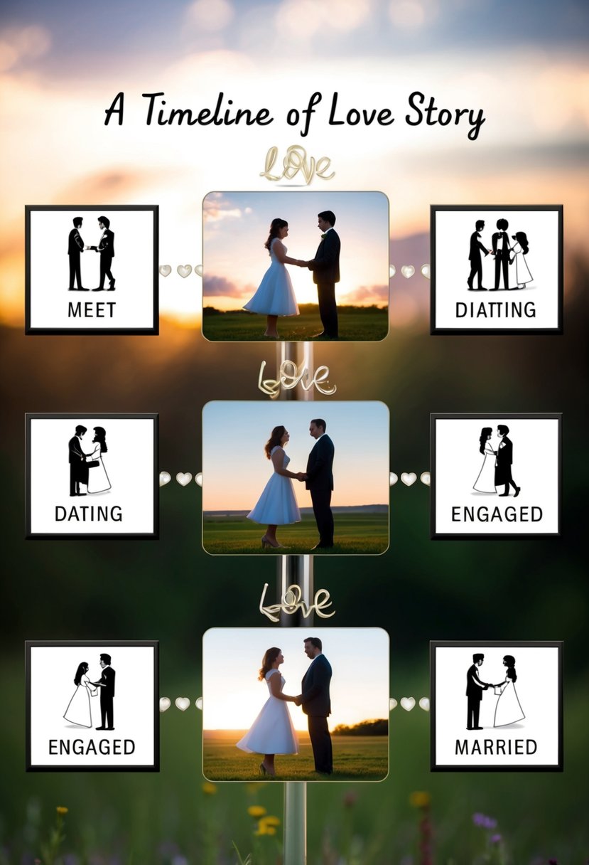 A timeline of love story: A couple meeting, dating, getting engaged, and finally married. Each event depicted in a separate frame on the poster