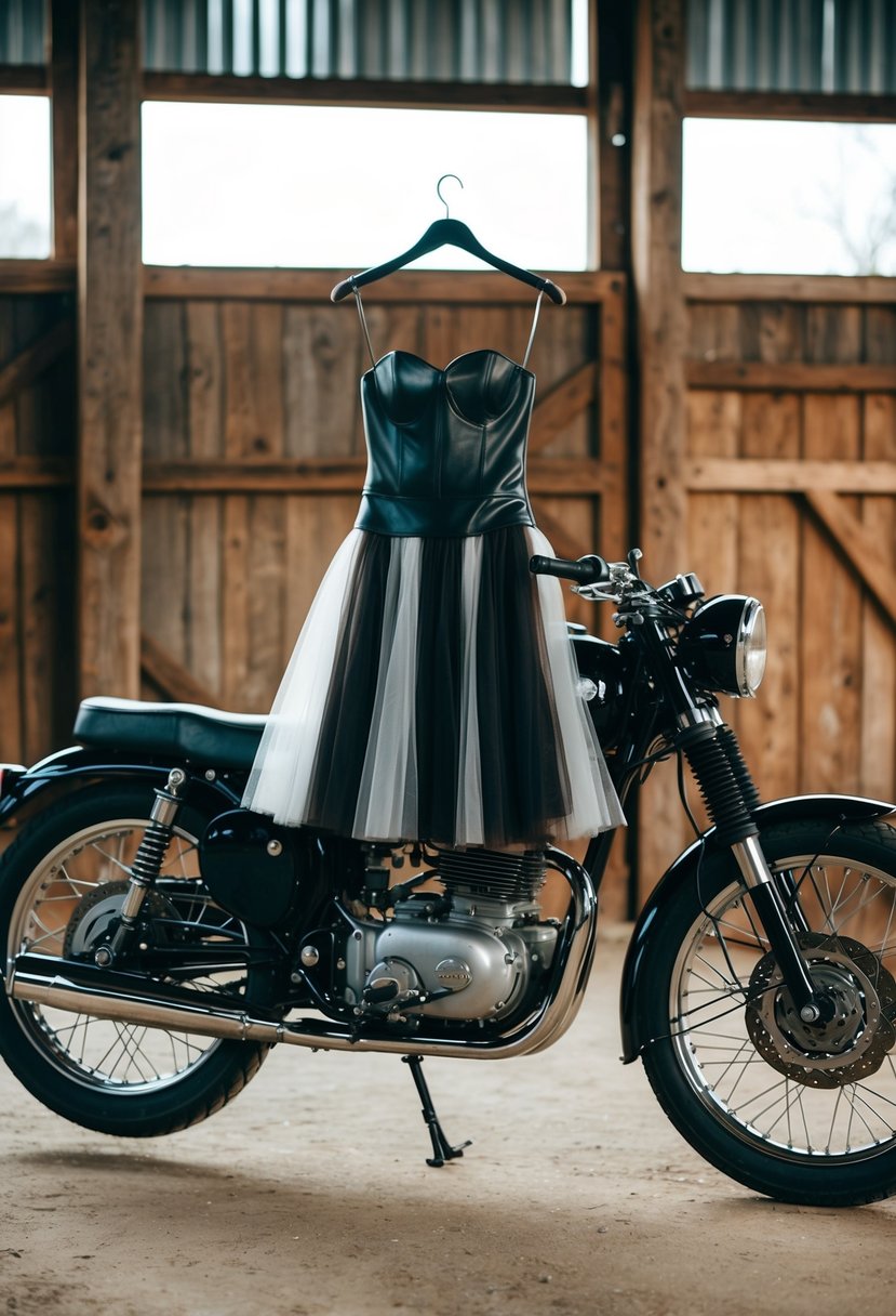 A leather and tulle skirt biker wedding dress displayed on a vintage motorcycle in a rustic barn setting