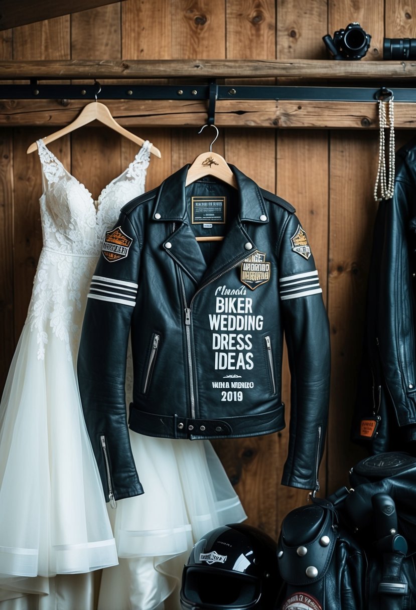 A leather jacket adorned with personalized wedding details hangs on a rustic wooden hanger, surrounded by motorcycle gear and biker wedding dress ideas