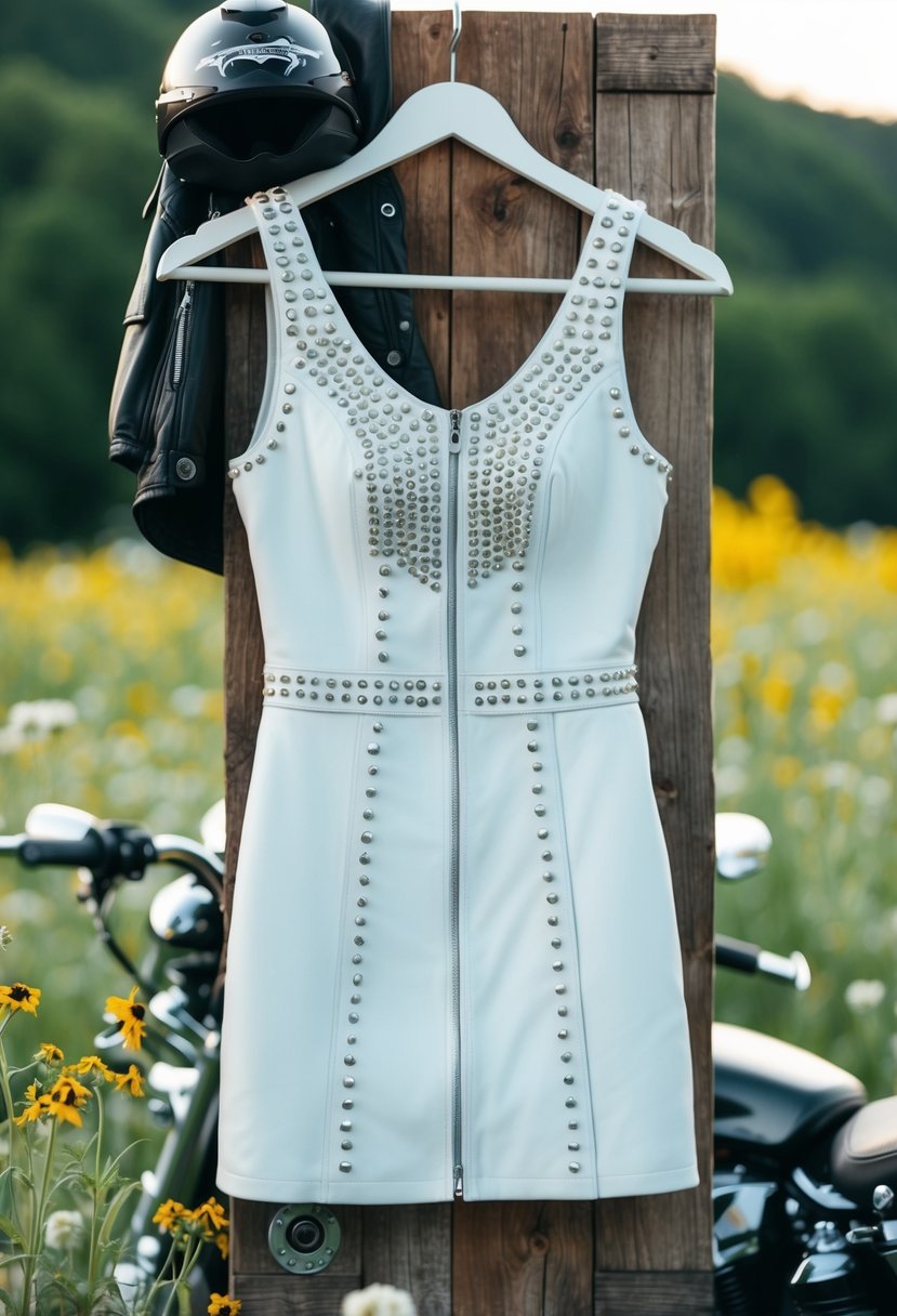 A white leather dress adorned with silver studs hangs on a rustic wooden coat rack, surrounded by motorcycle gear and wildflowers