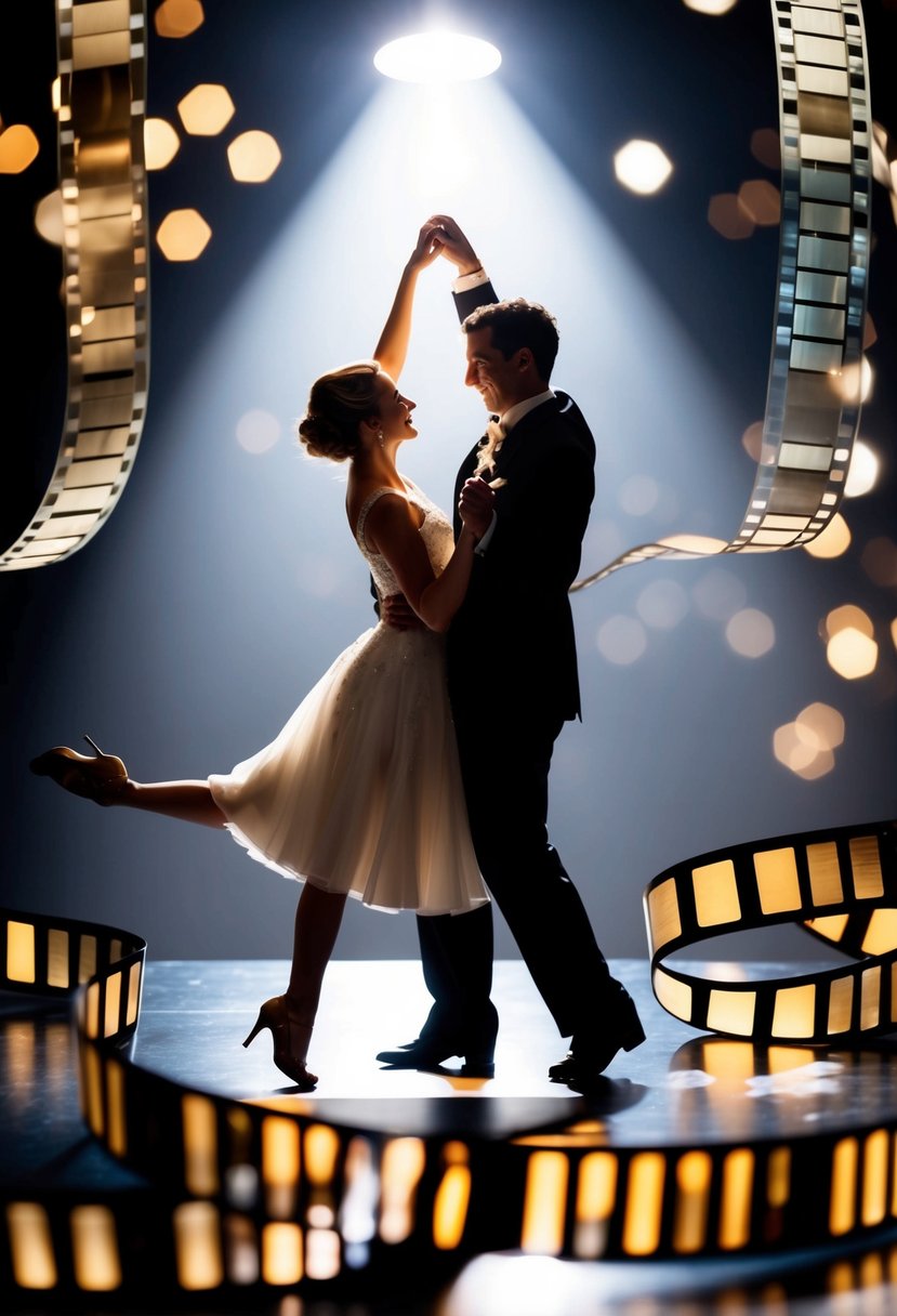 A couple dancing under a spotlight, surrounded by vintage movie reels and film strips