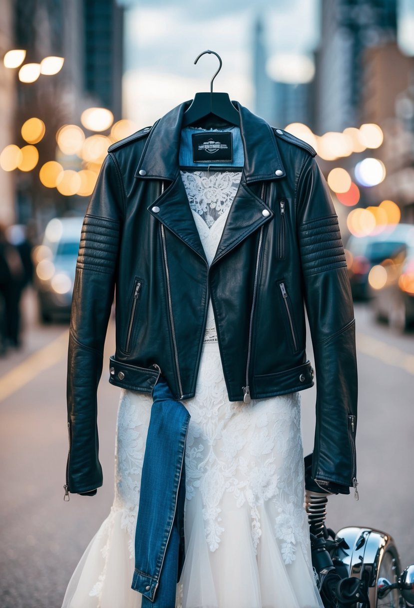 A leather jacket draped over a lace wedding gown, with denim accents and biker-themed accessories