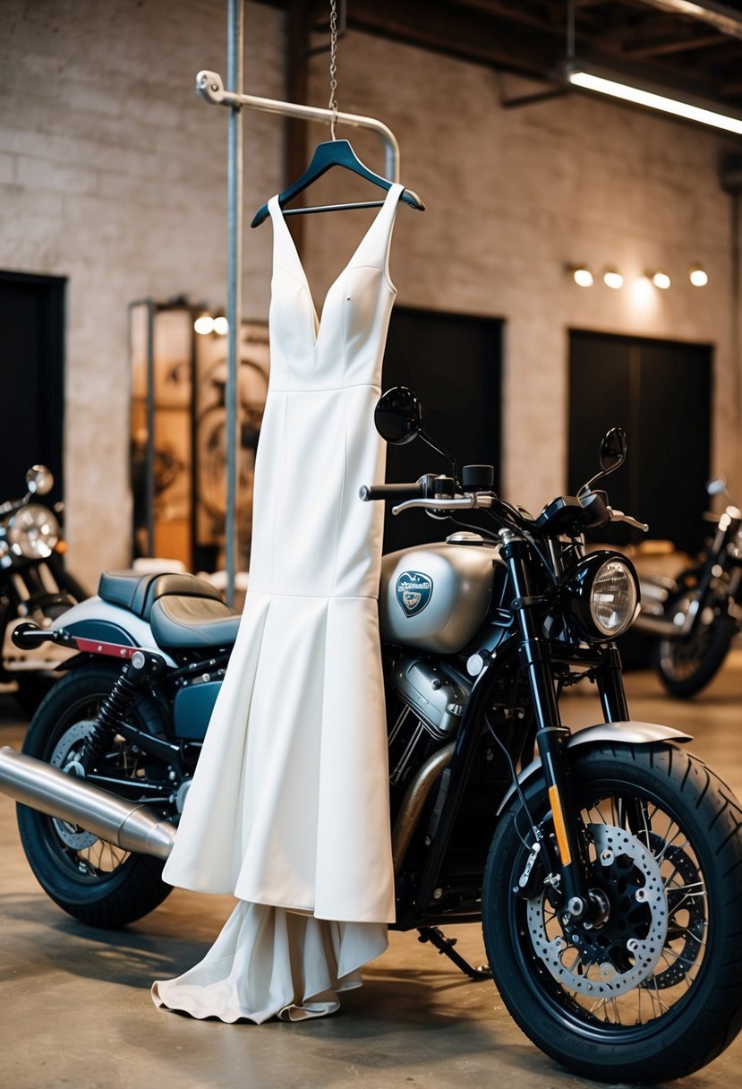 A sleek, minimalist leather wedding dress hangs on a rustic motorcycle, surrounded by biker-themed decor and accessories