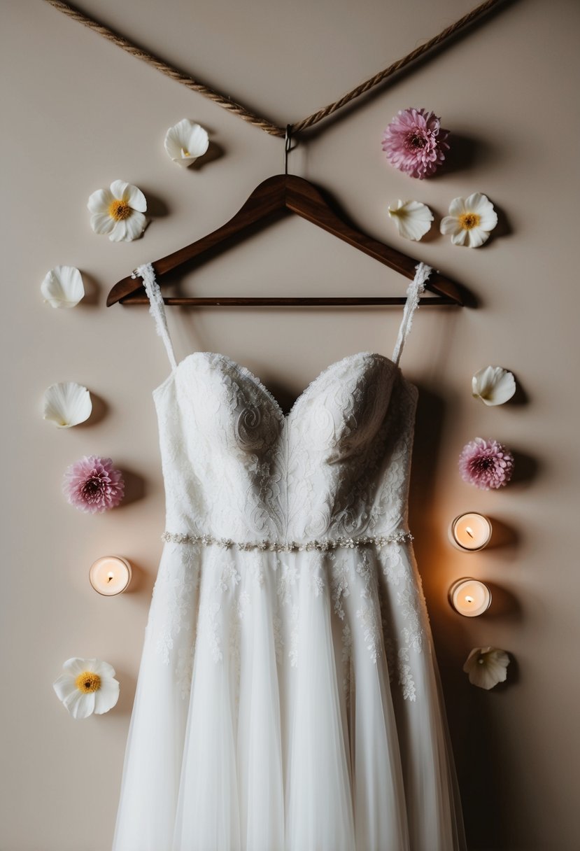 A wedding dress hanging on a rustic wooden hanger, surrounded by delicate flower petals and soft candlelight