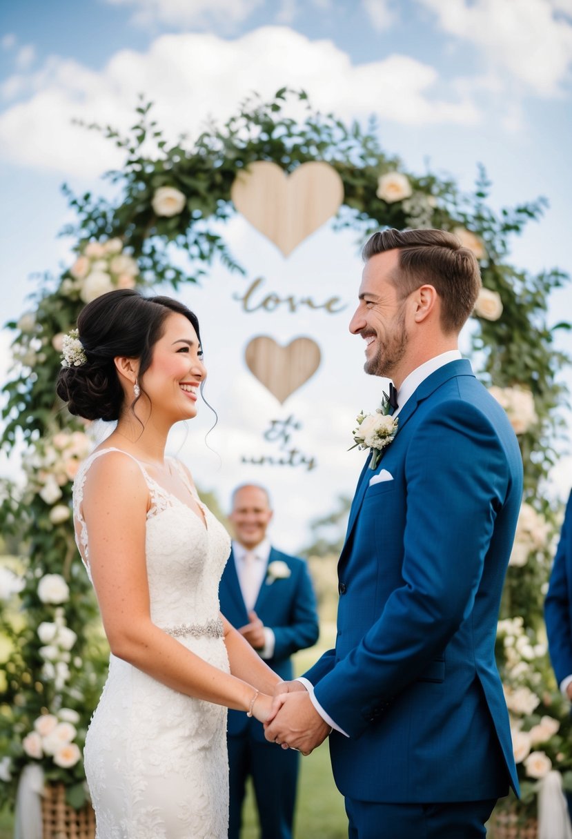 A bride and groom standing side by side, holding hands and smiling, surrounded by wedding decorations and symbols of love and unity