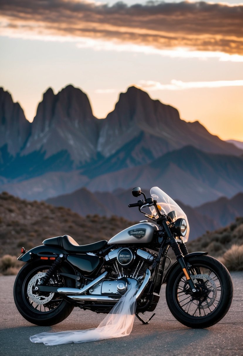 A custom motorcycle with a trailing wedding veil, parked in front of a backdrop of rugged mountains and a sunset