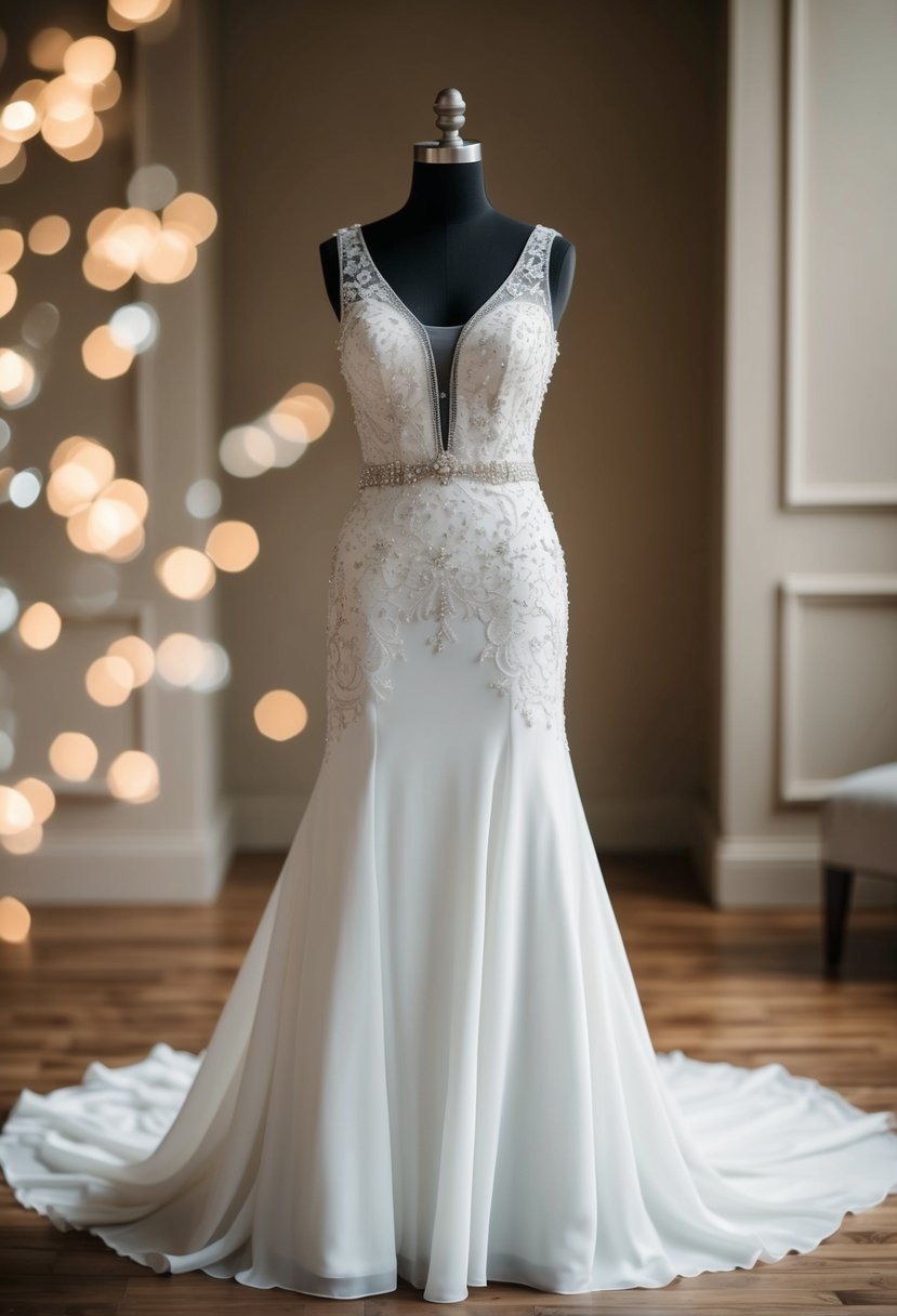 A flowing white dress with intricate lace and beading, transformed into a sleek and elegant cocktail dress for a post-wedding celebration