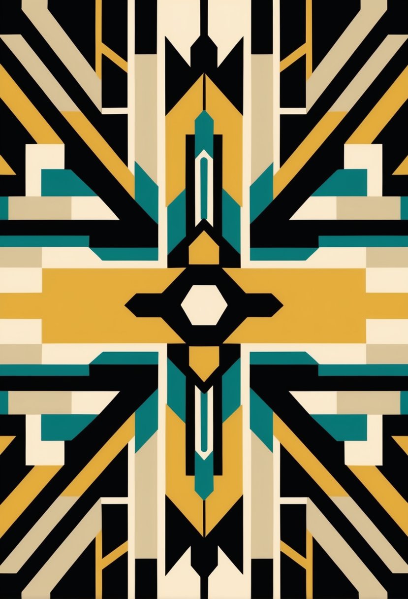 An Art Deco-inspired poster featuring bold, geometric patterns in a symmetrical layout with a central focal point