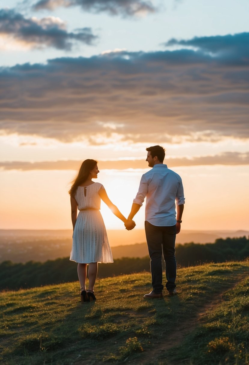 A couple standing on a hill, holding hands, with a setting sun in the background