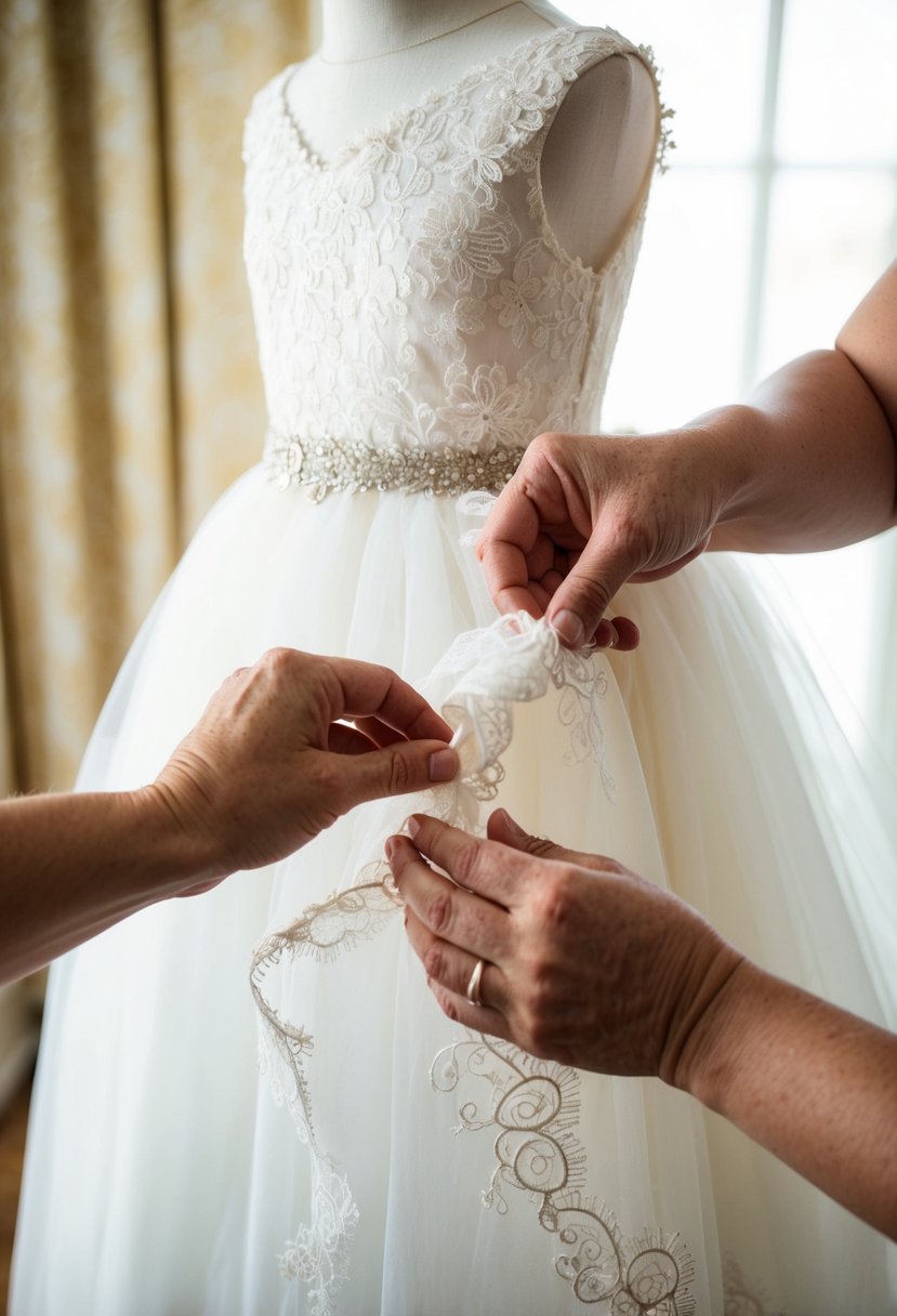 A wedding dress being carefully transformed into a delicate christening gown, with lace and intricate details being added by skilled hands