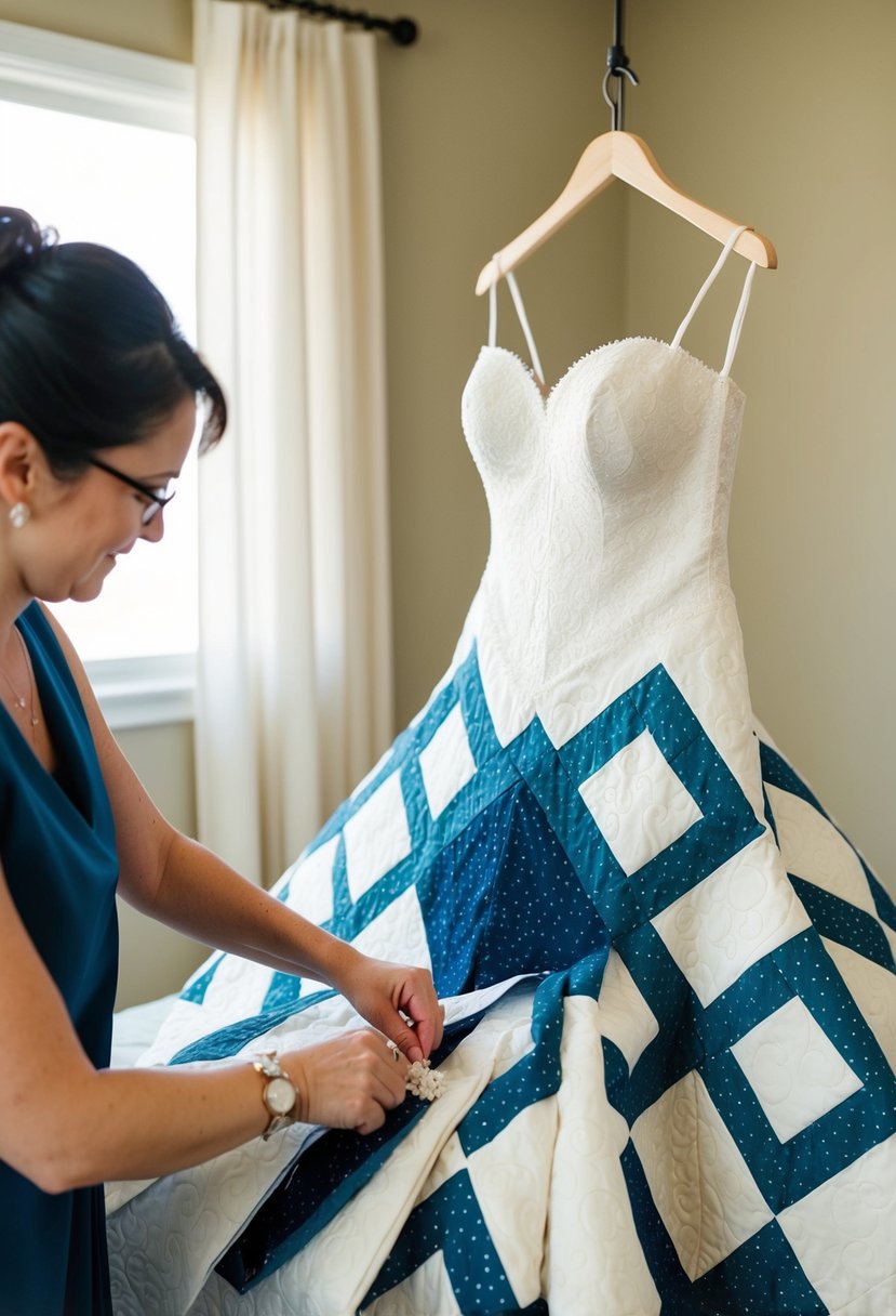 A wedding dress being transformed into a quilt, with fabric pieces being cut, sewn, and arranged into a new design