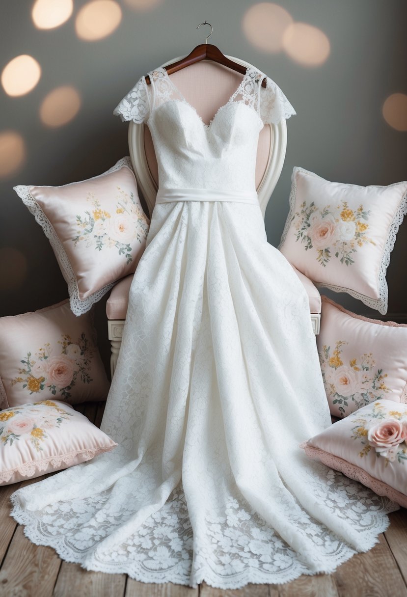 A white lace wedding dress draped over a chair, surrounded by delicate floral and lace decorative pillows in soft pastel colors