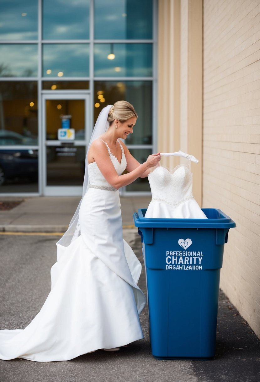 A bride placing her wedding dress in a donation bin outside a charity organization