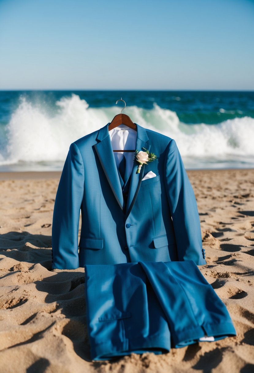 A groom's suit laid out on a sandy beach, with a backdrop of crashing waves and a clear blue sky