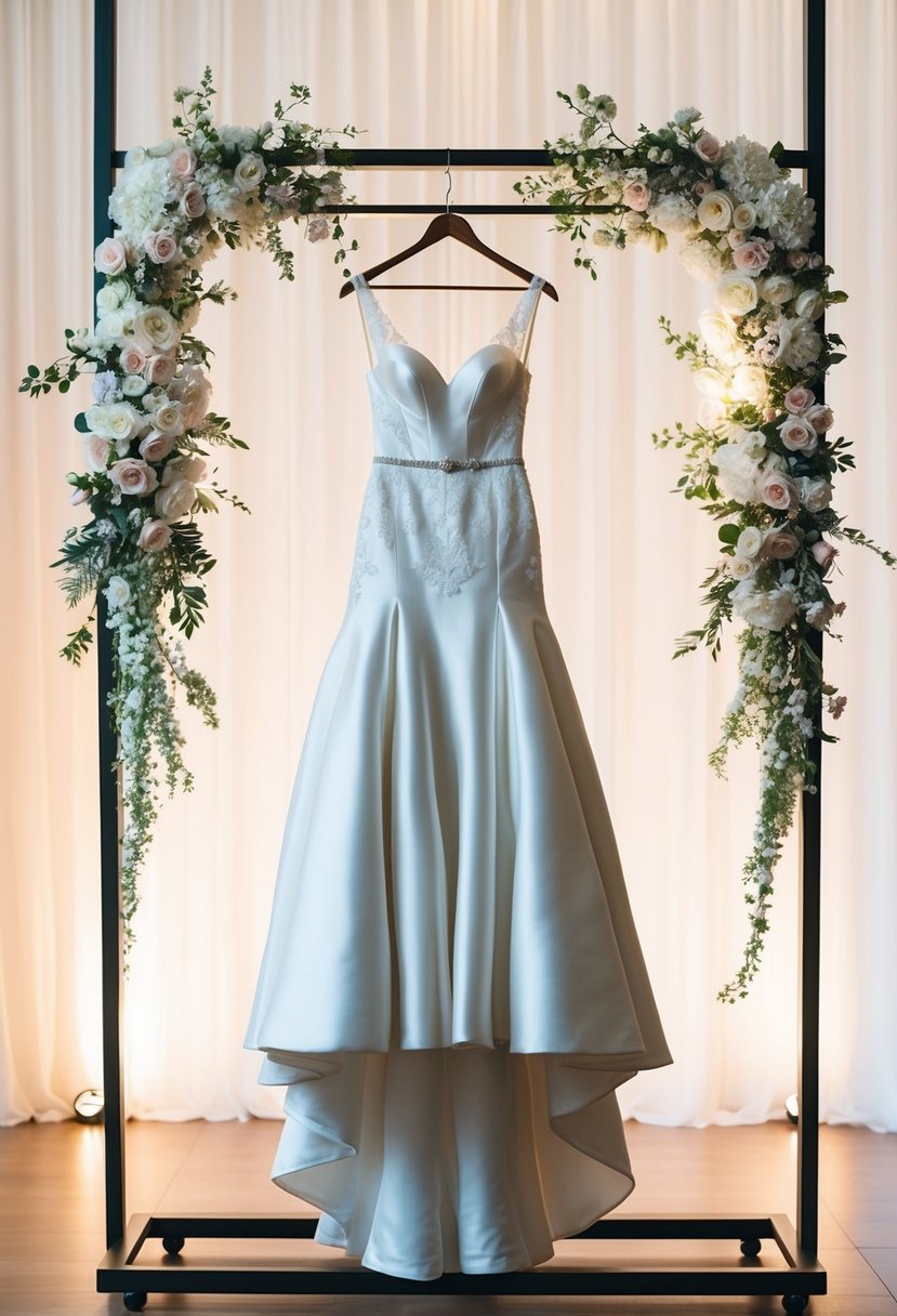 A wedding dress hanging on a sleek, modern clothing rack, surrounded by soft lighting and delicate floral arrangements