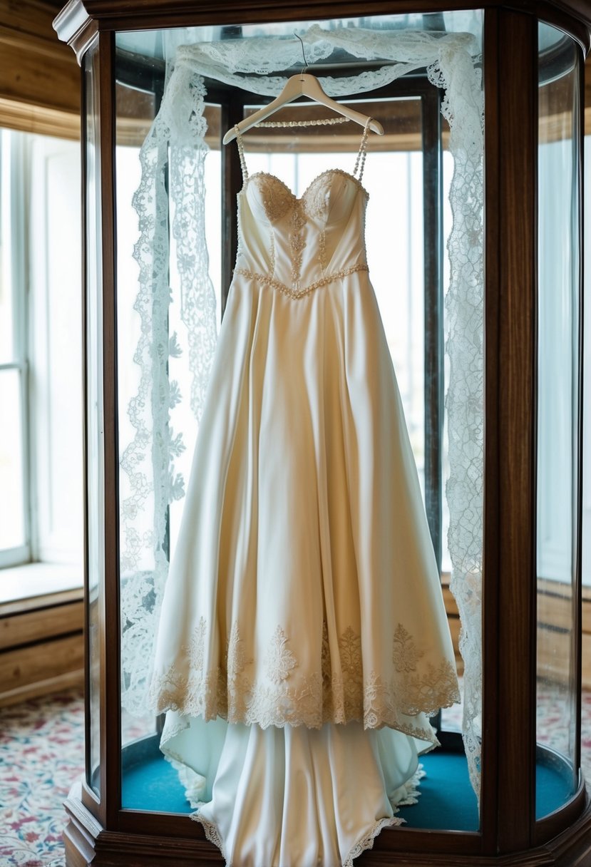 A vintage wedding dress hanging in a preserved glass case, surrounded by delicate lace and intricate beading