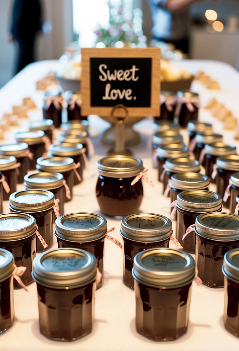 A table filled with small jars of homemade jam, tied with ribbon and personalized tags. A sign reads "Sweet Love."