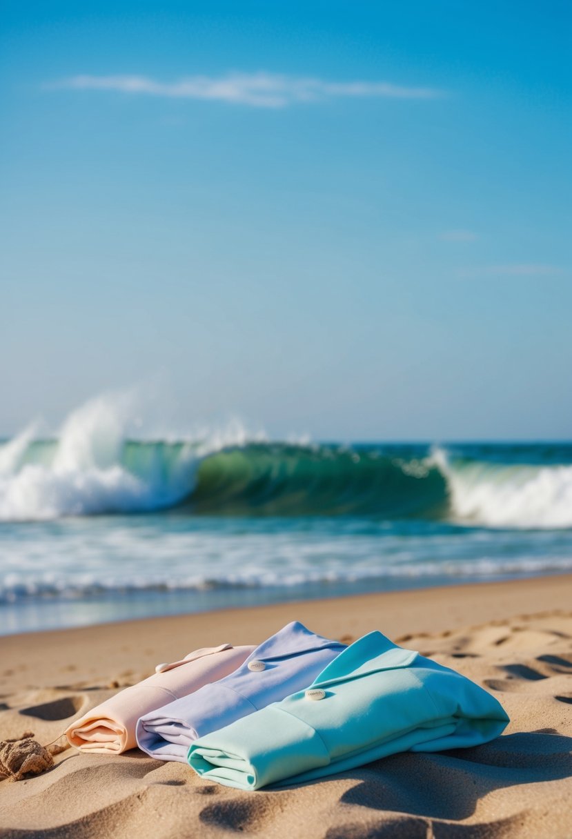 A sandy beach with a gentle breeze, featuring lightweight cotton suits in soft pastel colors, set against a backdrop of crashing waves and a bright blue sky