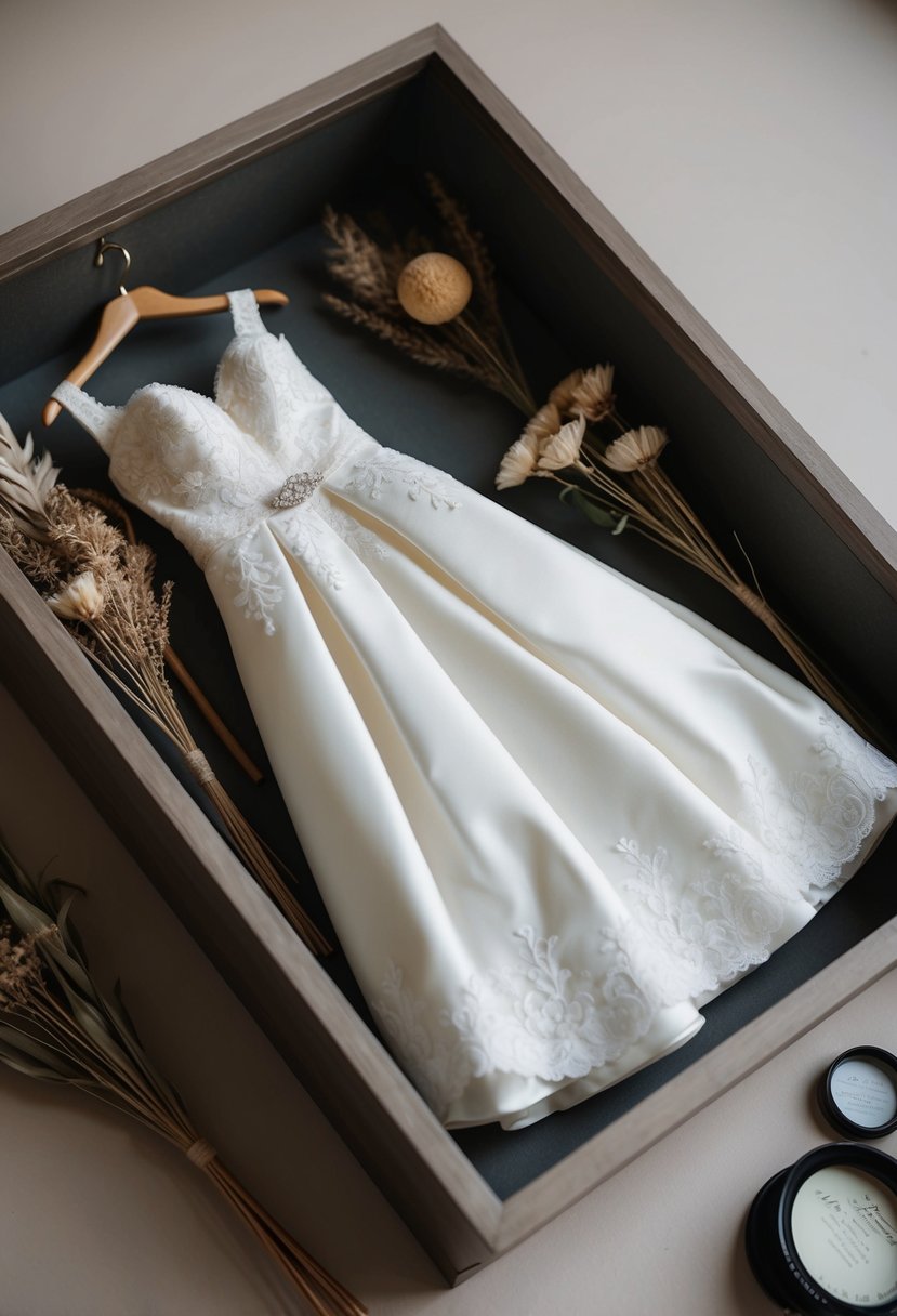 A wedding dress delicately folded and placed inside a shadow box, surrounded by dried flowers and other memorabilia from the special day