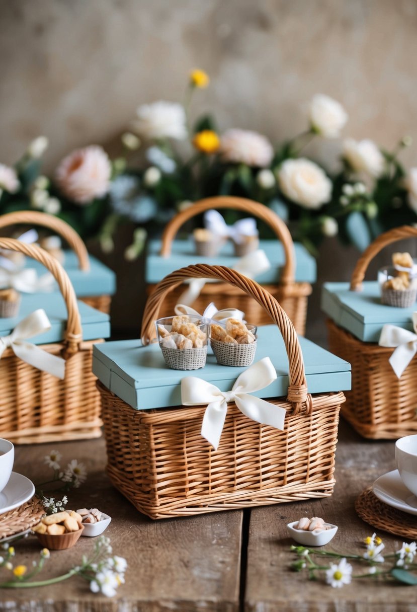 Mini wicker picnic baskets arranged on a rustic table, adorned with delicate ribbons and filled with small treats, surrounded by floral decor