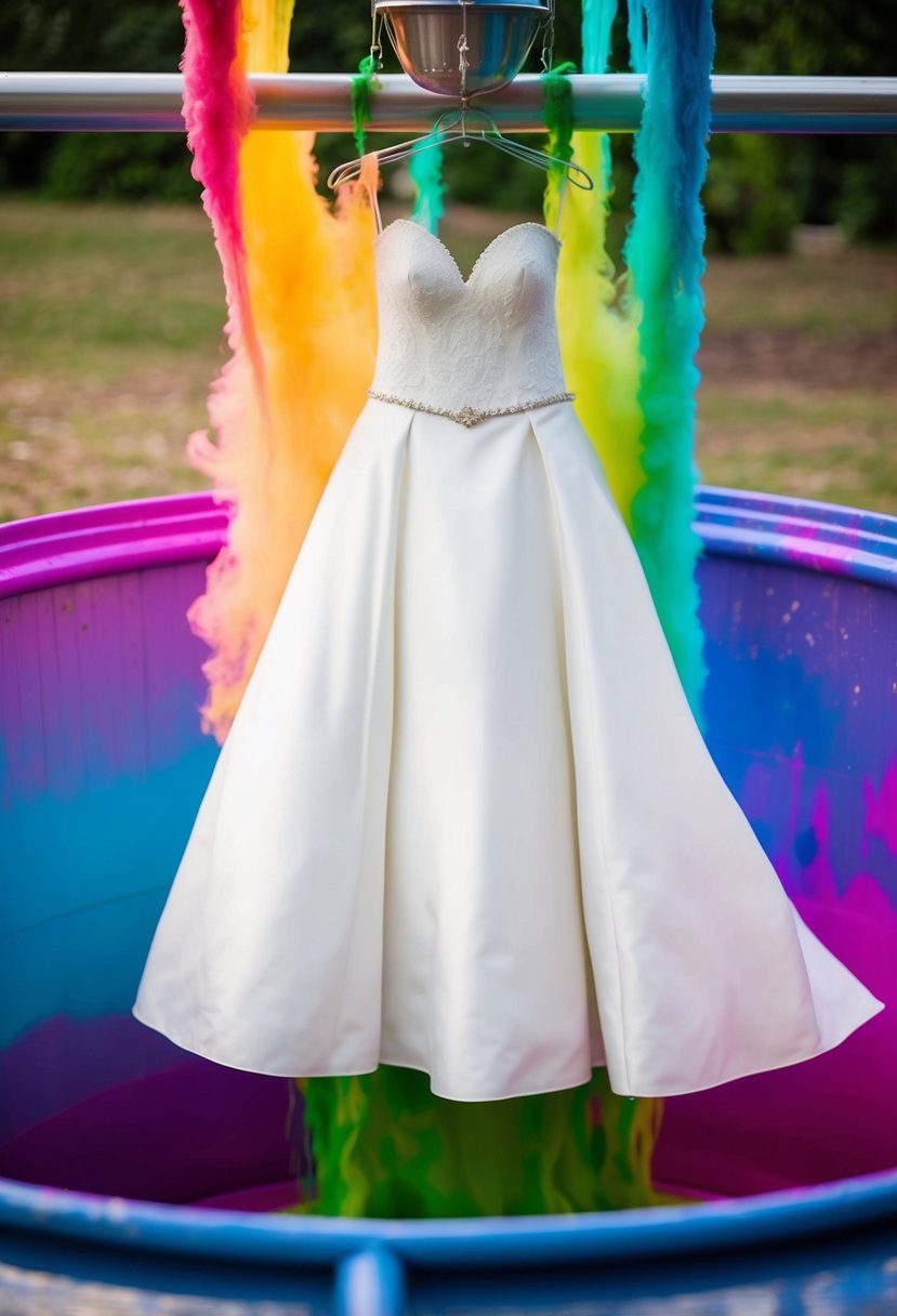 A white wedding dress being dipped into a large vat of colorful dye, creating a vibrant and unique new look