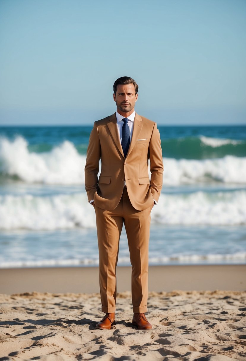 A man in a tan suit stands on a sandy beach, with waves crashing in the background