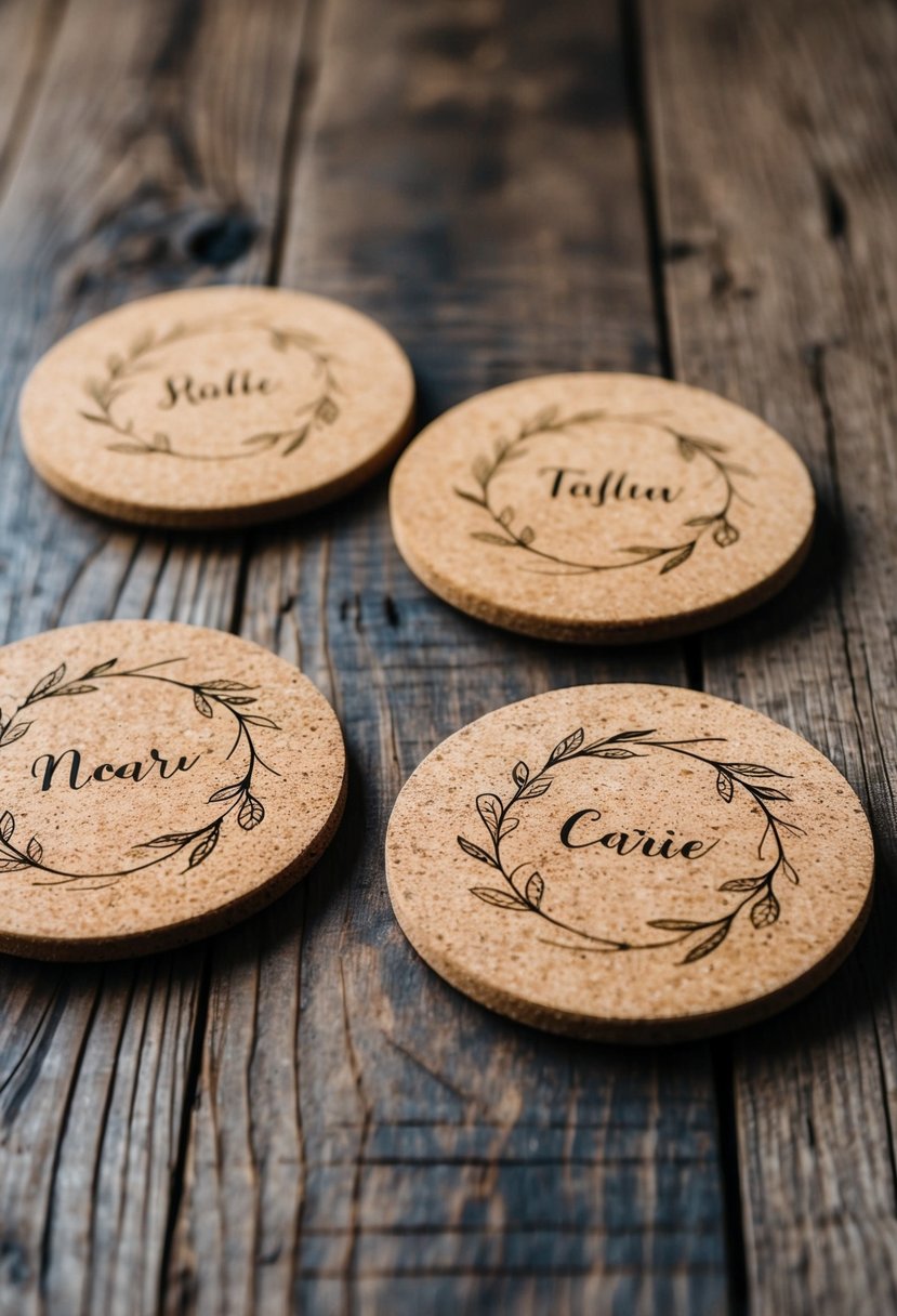 A set of personalized cork coasters arranged on a rustic wooden table, with delicate floral and vine designs etched into the surface