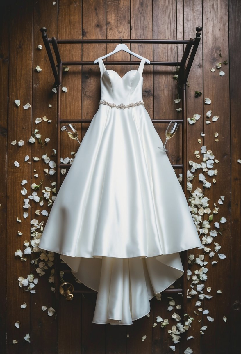 A wedding dress hanging on a vintage coat rack, surrounded by scattered flower petals and discarded champagne glasses