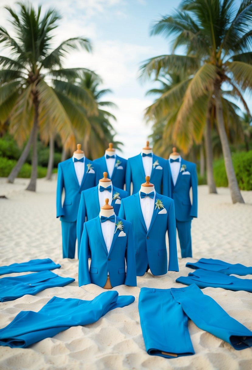 A group of tropical blue suits arranged on a sandy beach with palm trees in the background, creating a vibrant and colorful scene for a beach wedding