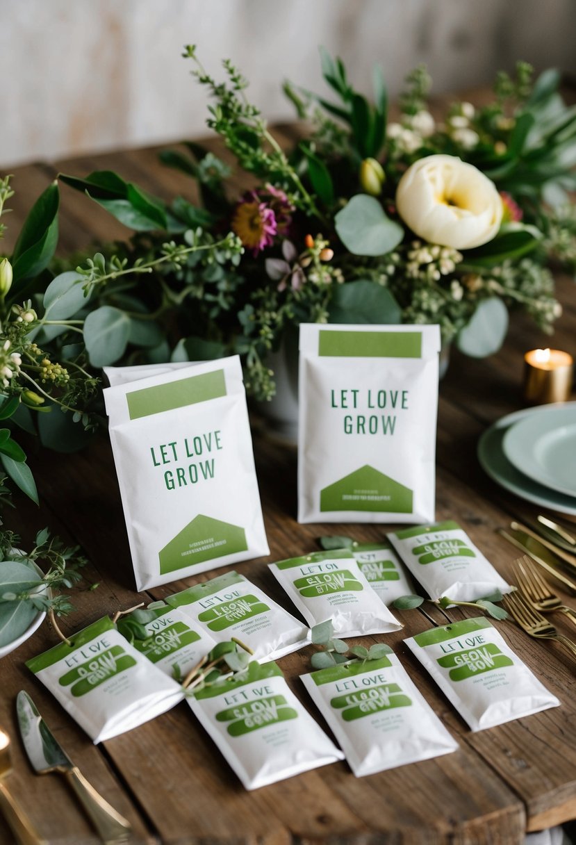 A rustic table displays seed packets with "Let Love Grow" labels, surrounded by greenery and floral arrangements