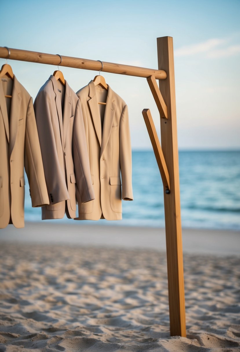 A sandy beach with a gentle ocean in the background, featuring a row of neutral beige suits hanging on a wooden rack