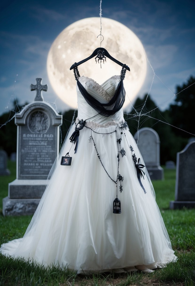 A discarded wedding dress adorned with spooky accessories and cobwebs, set against a moonlit graveyard backdrop