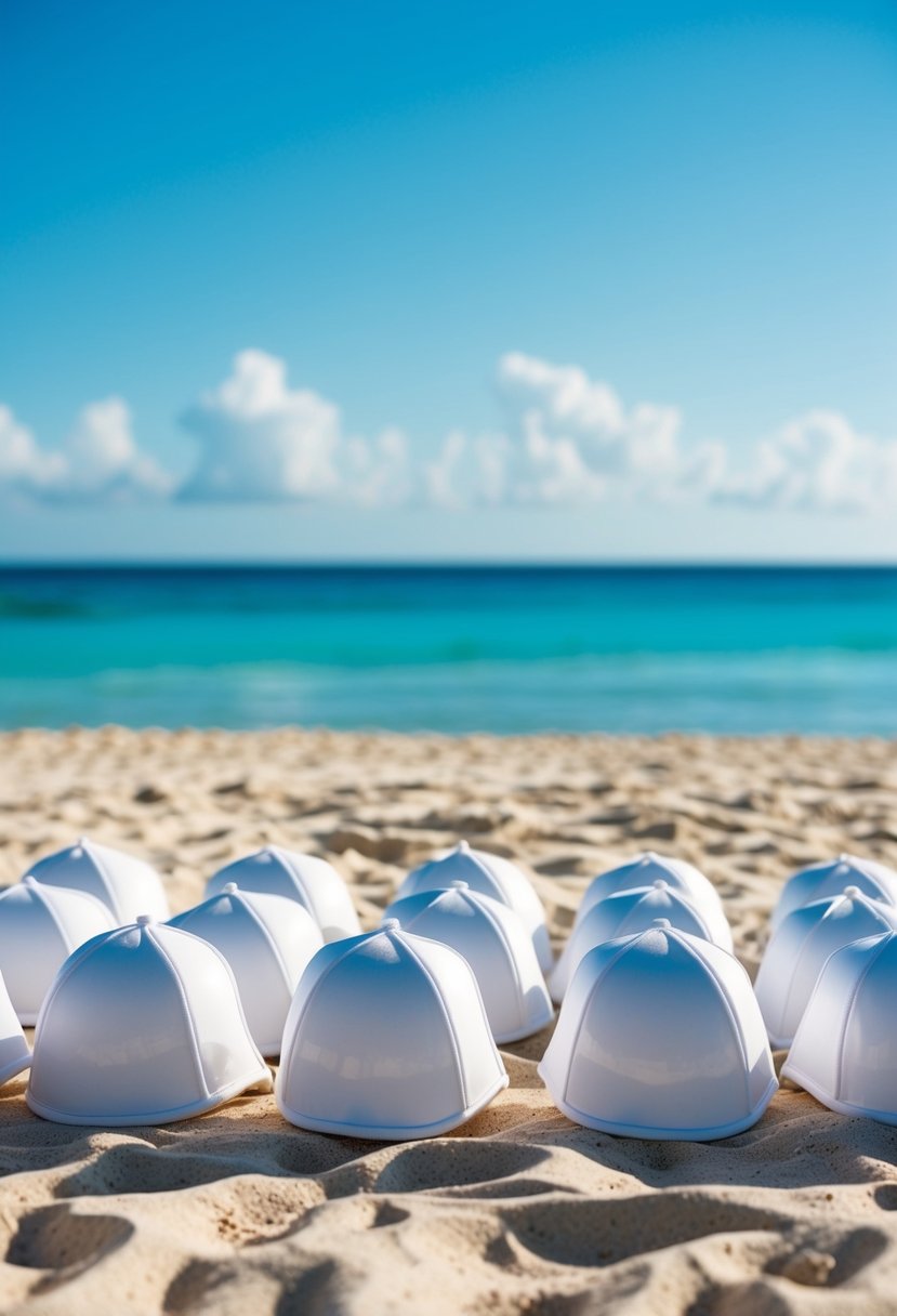 A group of white suits arranged on a sandy beach with a backdrop of clear blue ocean and a bright, sunny sky