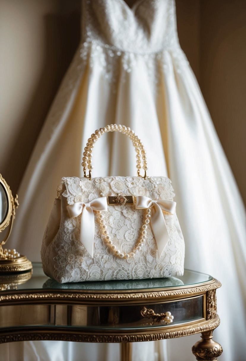 A delicate lace handbag adorned with pearls and satin ribbon, resting on a vintage vanity table with a backdrop of a flowing wedding dress