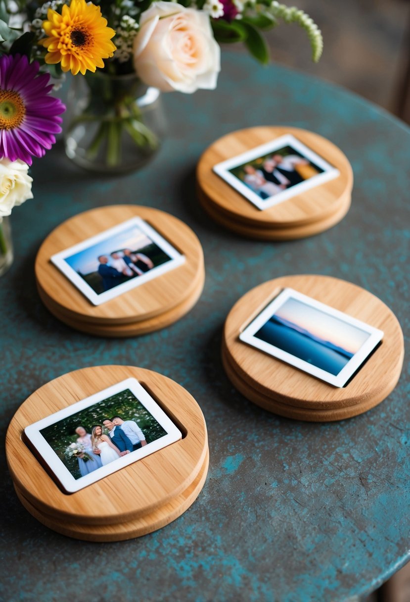 A set of four wooden coasters with photo holders, displayed on a rustic table with floral decorations